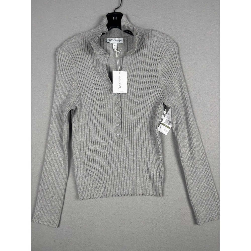 Jessica Simpson Sweater Womens XL Heather Gray Ribbed Henley Polo Knit New